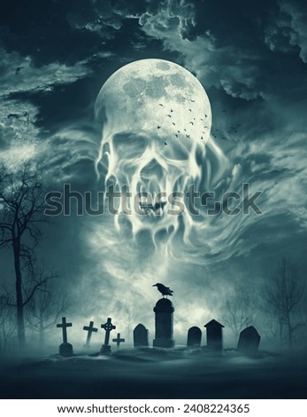 Scary moon and clouds shaped as human skull in the sky above a creepy old graveyard, horror and Halloween concept Royalty-Free Stock Photo #2408224365