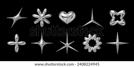 3d chrome glossy shapes set in y2k retro futuristic style. Liquid metallic star, heart, flower, and sparkle forms as isolated vector design elements for a 2000s aesthetic Royalty-Free Stock Photo #2408224945