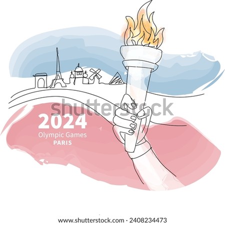 a hand holding torches, a line drawing in the background, France waiting for athletes. vector illustration, EnrouteFrance