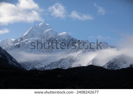 Aoraki  Mount Cook visible along the Hooker Valley Track in Aoraki Mount Cook National Park, New Zealand. Royalty-Free Stock Photo #2408242677