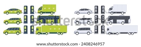 Electric vehicles. Electric and petrol fleet charging on parking lot with charger and gas stations. Set of electric vehicles: bus, truck, van, business vehicles. Royalty-Free Stock Photo #2408246957
