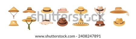 Straw hats set. Summer head accessories. Headwear with brim in country, farmer, beach, cowboy, Mexican, Asian style. Sun panama, sombrero. Flat graphic vector illustration isolated on white background Royalty-Free Stock Photo #2408247891
