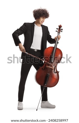 Trendy young musician playing a cello isolated on white background