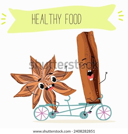 Cinnamon cute funny cheerful characters with different poses and activities. A collection of natural vitamin antioxidants for detoxification. Flat vector illustration, funny spices. Organic food.