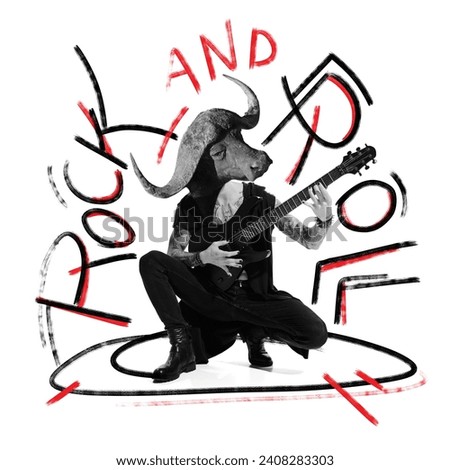 Poster. Contemporary art collage. Wild nature of human spirit. Man with buffalo head playing electric guitar in monochrome filter. Concept of energy music, urban, culture. Trendy magazine style.