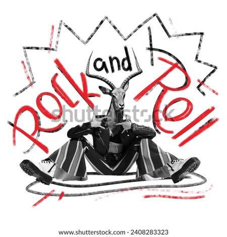 Poster. Contemporary art collage. Person with head of gazelle sitting and showing sign of rock and roll against white background with inscription and drawings. Concept of energy music, culture, style.