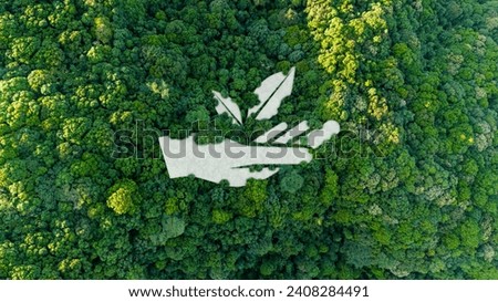 ESG concepts, environment, society and governance The energy of the natural environment is sustainable and ethical in networking. Bird's eye view of a lush forest Royalty-Free Stock Photo #2408284491