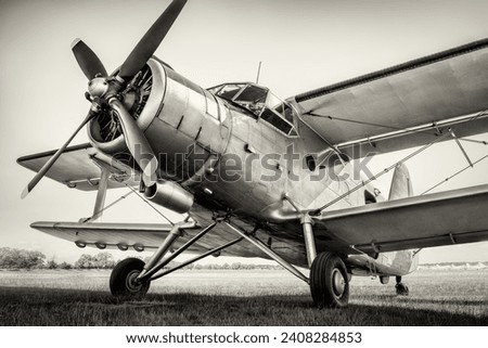 historical biplane on a meadow Royalty-Free Stock Photo #2408284853