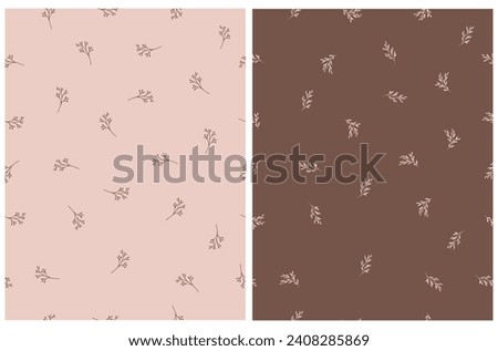 Simple Hand Drawn Seamless Vector Pattern with Twigs and Leaves Isoalted on a Light Dusty Pink and Chocolate Brown Background. Minimalist Irregular Floral Endless Print. Set of 2 Botanic Patterns. Royalty-Free Stock Photo #2408285869