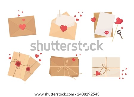 Happy Valentine's day, cartoon craft love letter envelope. Romantic Love letter with red heart, cute vector illustration.