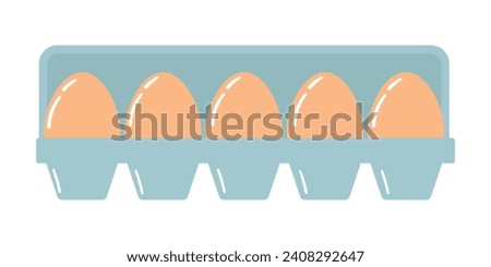 Vector illustration of 5 eggs in a carton, organic whole pastured raw chicken products in a container with an open lid. Packaging of fresh eggs, high protein content, healthy eating.