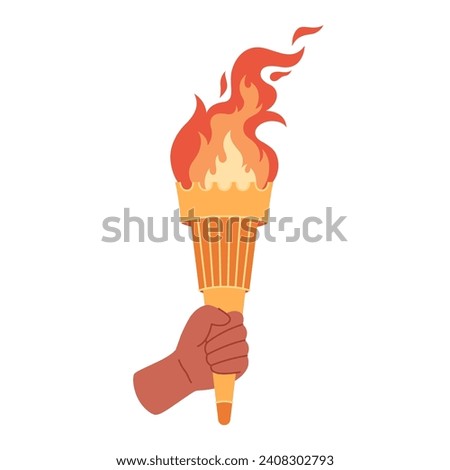 Burning torch with flame in hand. Symbol of competition victory, champion. Vector illustration in flat style