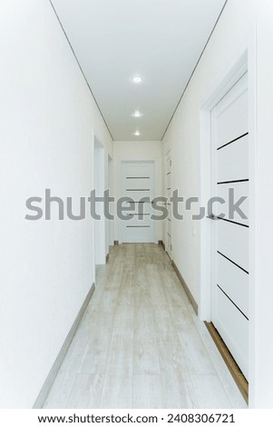 Bright interior in the apartment, a long corridor with many doors, interior doors. High quality photo
