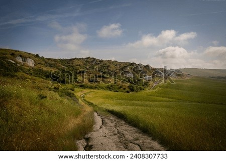 Bare hills of white clay in the Crete Senesi, Tuscany, Italy. A moonscape also called the Accona Desert, between the municipalities of Asciano, Buonconvento and Montalcino. Royalty-Free Stock Photo #2408307733