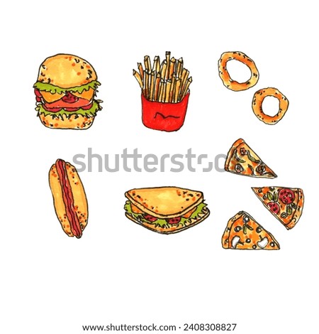 Fast food cartoon icon set. Hamburger, hot dog, sandwich, onion rings, fries, pizza for takeaway cafe design. Hand drawn illustration of street food in doodle style.