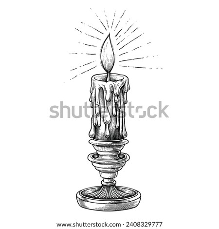 The Slightly Exhausted Candle Burns Brightly And Melts Engraving Pen and Ink Vintage Vector illustration