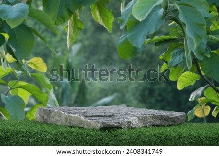Stone tabletop podium floor in outdoors tropical garden forest blurred green leaf plant nature background.Natural product placement pedestal stand display,jungle paradise concept.