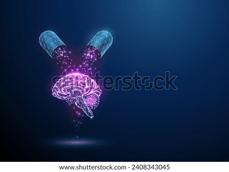 Abstract opened blue medical drug capsule with falling particles on the brain Healthcare medical pharmacy concept Low poly style Geometric background Wireframe light structure Modern 3d graphic Vector Royalty-Free Stock Photo #2408343045