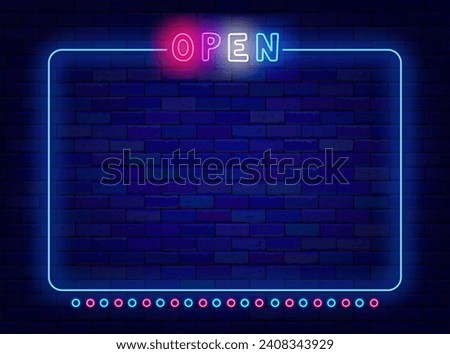 Open neon banner with space for text. Performance opening, Night show advertising. Greeting card design. Blue frame with circles. Competition and concert. Glowing poster. Vector stock illustration