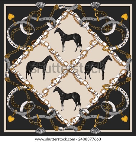 Design scarf with belts and horses. Vector