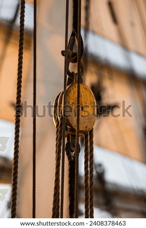 Close up of a wooden pulley block with ropes.  Part of the rigging of a tall ship.  This picture was taken at sunset in the Caribbean.