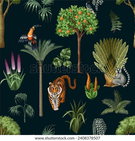 Seamless kids pattern with jungle trees and animals. Vector