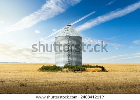 Isolated grain bin standing tall on a barley field with aviation jet streams overhead on the Canadian Prairies  Royalty-Free Stock Photo #2408412119