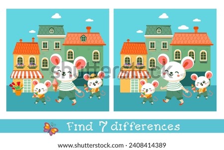 Find 7 differences. Educational puzzle game for children. Cute cartoon stylised mice in city eating ice cream. Scene for design of children's cards, books. Vector illustration.  Royalty-Free Stock Photo #2408414389