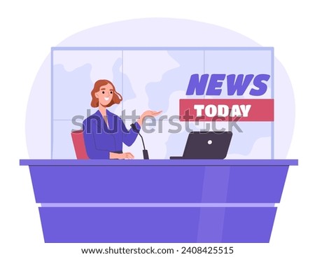 Woman conducts news forecast. Host in television show - news today. Young girl with microphone and laptop. Information at mass media. Cartoon flat vector illustration isolated on white background