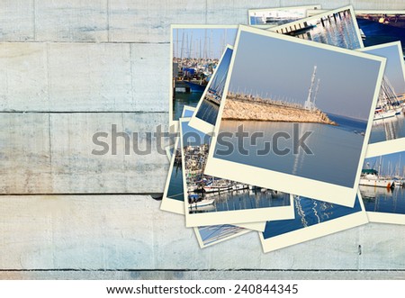 collage with yachts, boats, lighthouse and a coast. Nautical concept
