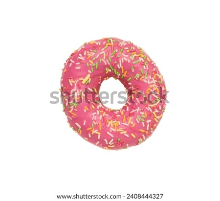 A fresh red donut isolated on a white background. The minimal concept of popular baking. Flat lay.