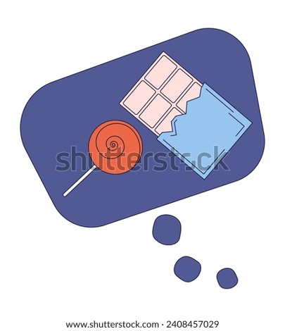 Craving sweets thought bubble 2D linear cartoon object. Sweet tooth temptation thinking isolated line vector element white background. Dreaming about candy, chocolate color flat spot illustration