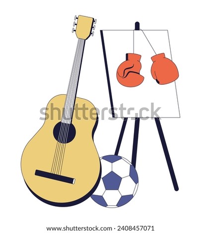 Different hobbies leisure activities 2D linear cartoon object. Acoustic guitar, easel, boxing gloves, soccerball isolated line vector element white background. Recreation color flat spot illustration