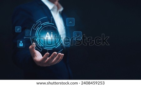 Business Person Creating AI Images, Realistic Photos, and Applications using  AI Chatbot System Technology, Smart Artificial Intelligence to Generate Computer Photographs.