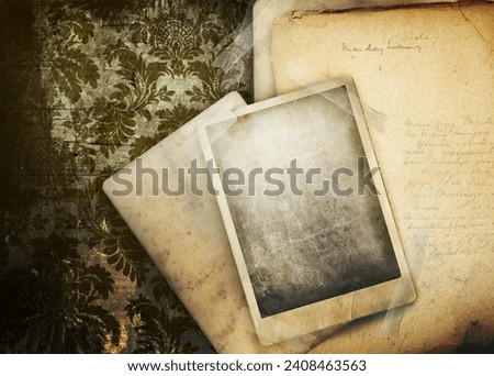 Vintage floral background with old papers and photo Royalty-Free Stock Photo #2408463563