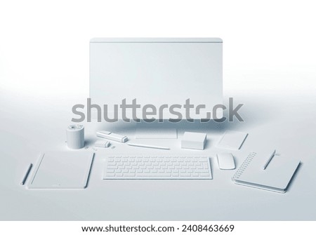 Blank essential office supplies, technology and accessory equipment dummies set 3D on white background