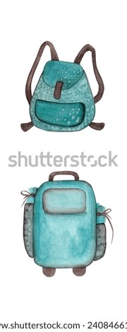 Luggage at the airport: mint-colored backpack and suitcase. Watercolor illustrations