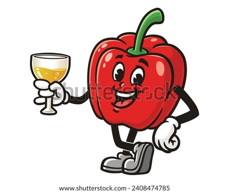 Paprika bell pepper with a glass of drink cartoon mascot illustration character vector clip art hand drawn