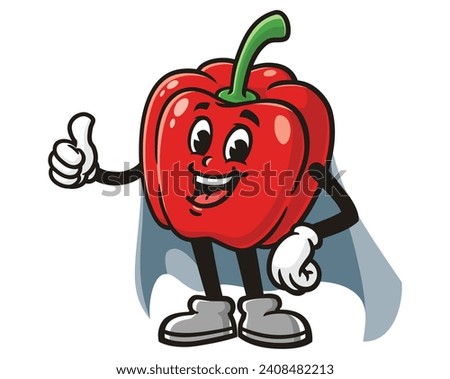 Paprika bell pepper with caped superhero style cartoon mascot illustration character vector clip art hand drawn