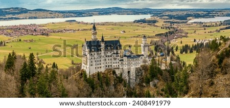Neuschwanstein Castle with Lake Forggensee in the Alps, Germany
