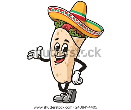 Burrito wearing a sombrero Mexican hat cartoon mascot illustration character vector clip art hand drawn