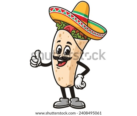 Burrito with mustache and wearing a sombrero Mexican hat cartoon mascot illustration character vector clip art hand drawn