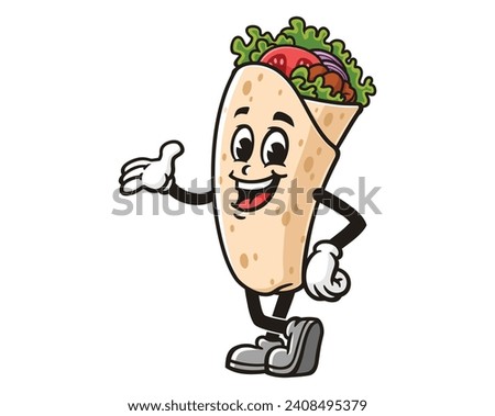 Burrito with welcoming hand cartoon mascot illustration character vector clip art hand drawn