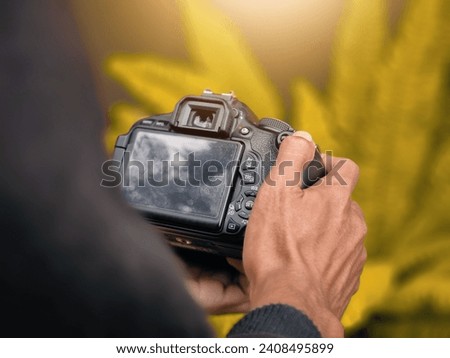 Close-up view of Asian man's hand holding DSLR camera to take nature photo of leaves with autumn nature concept. Rotate the lens to take a picture.