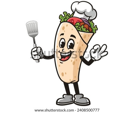 Burrito with a spatula and wearing a chef's hat cartoon mascot illustration character vector clip art hand drawn