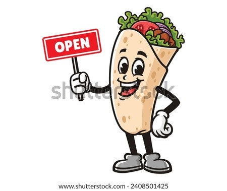 Burrito with open sign board cartoon mascot illustration character vector clip art hand drawn