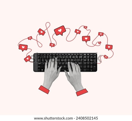 Contemporary art collage of hands, keyboard and social media like icons. Concept of social media addiction, popularity, holidays and love concepts. Modern design. Copy space.