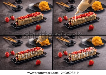 Pic collage of Fried Sushi Brazilian style. Strawberry sushi dog. Four for 1.