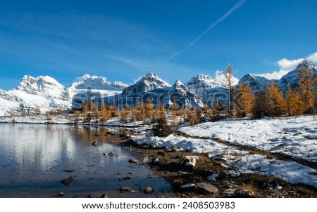 The Reflection in Minestima Lake, Larch Season in The Larch Valley, Fell in the Valley of Ten Peaks, Banff National Park, Canada Royalty-Free Stock Photo #2408503983