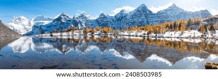 The Reflection in Minestima Lake, Larch Season in The Larch Valley, Fell in the Valley of Ten Peaks, Banff National Park, Canada Royalty-Free Stock Photo #2408503985